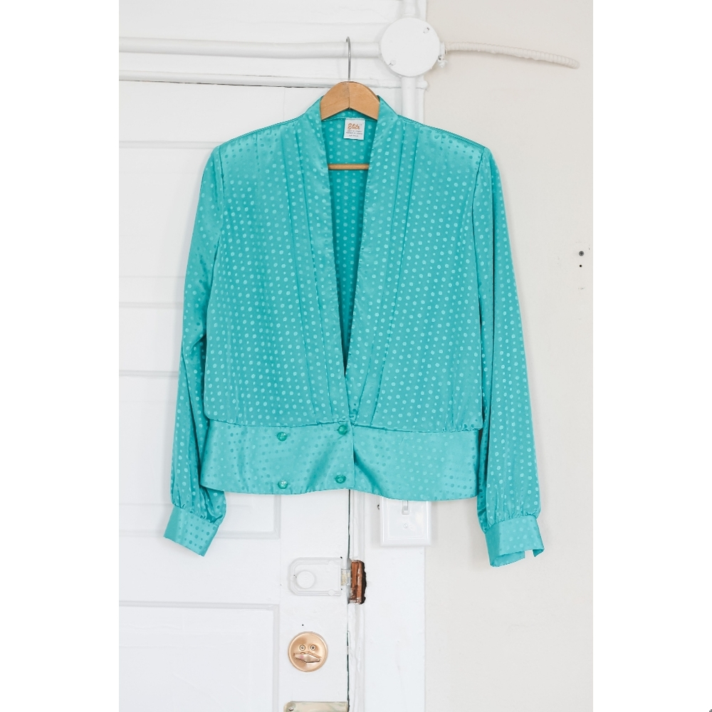 Vintage 1980's Turquoise Polka Dot Plunge Blouse